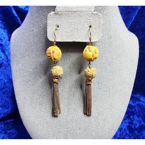 vintage gold tone swirl acrylic ball and waxed cord metal tassel dangle earrings